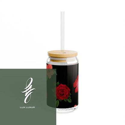 Red Flowers Sipper Glass 16Oz With Lid And Straw / Mug